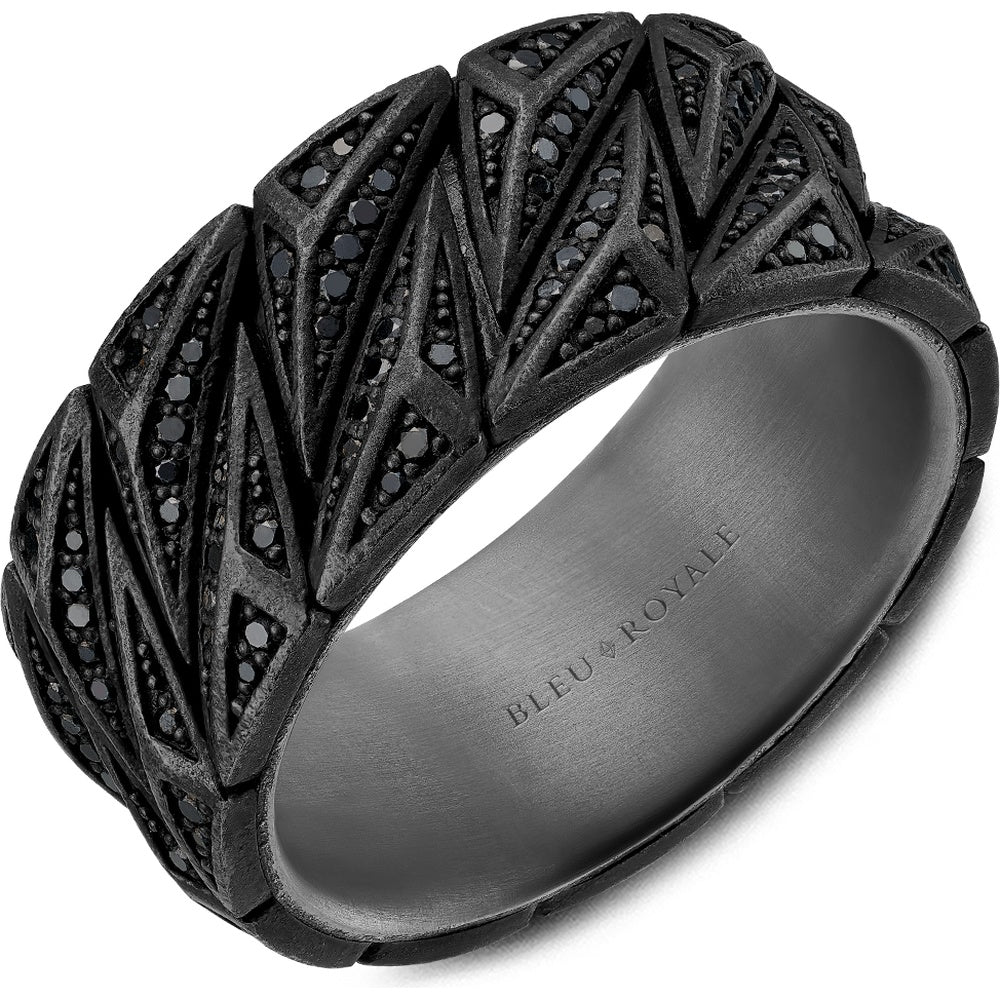Bleu Royale Men's Wedding Band - 14K White Gold and Tantalum Geometric with Black Rhodium and 192 Black Round Diamonds - 0.9 Carat Total Diamond Weight - 10mm Width from the Geometric Collection