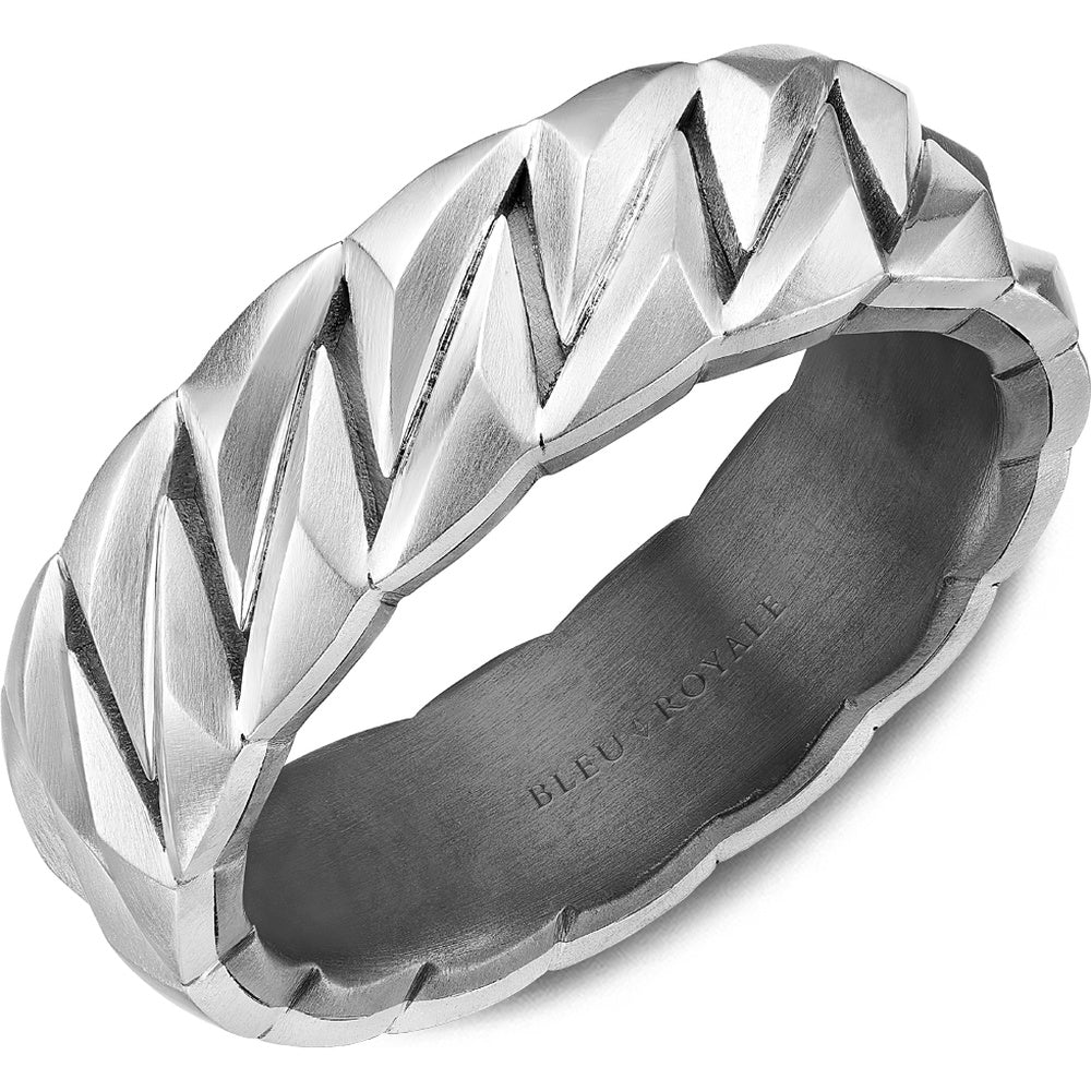 Bleu Royale Men's Wedding Band - 14K White Gold and Tantalum Geometric with Sandpaper Finish and Chevron Motif - 7mm Width from the Geometric Collection