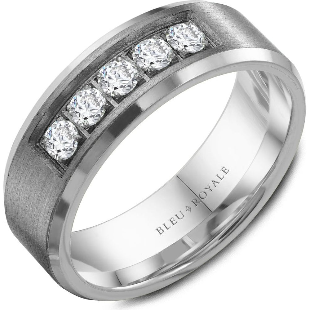 Bleu Royale Men's Wedding Band - 14K White Gold and Tantalum with 5 Round Channel-Set Diamonds - 0.5 Carat Total Diamond Weight - 7.5mm Width from the Tantalum & Precious Metal Collection