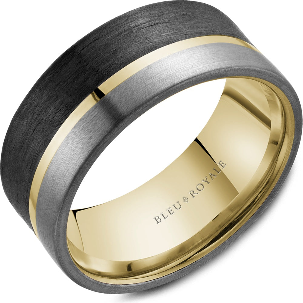 Bleu Royale Men's Wedding Band - 14K Yellow Gold and Tantalum with Forged Carbon Fiber Center and Sandpaper Edges - 9mm Width from the Tantalum & Precious Metal Collection
