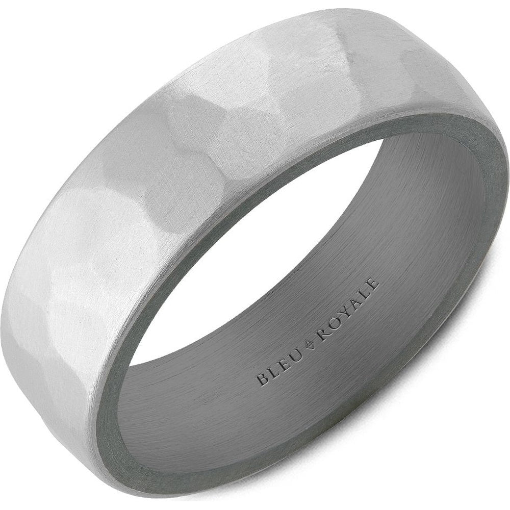 Bleu Royale Men's Wedding Band - 14K White Gold and Tantalum with Frosted Hammered Finish and Sandpaper Interior - 7mm Width from the Tantalum & Precious Metal Collection