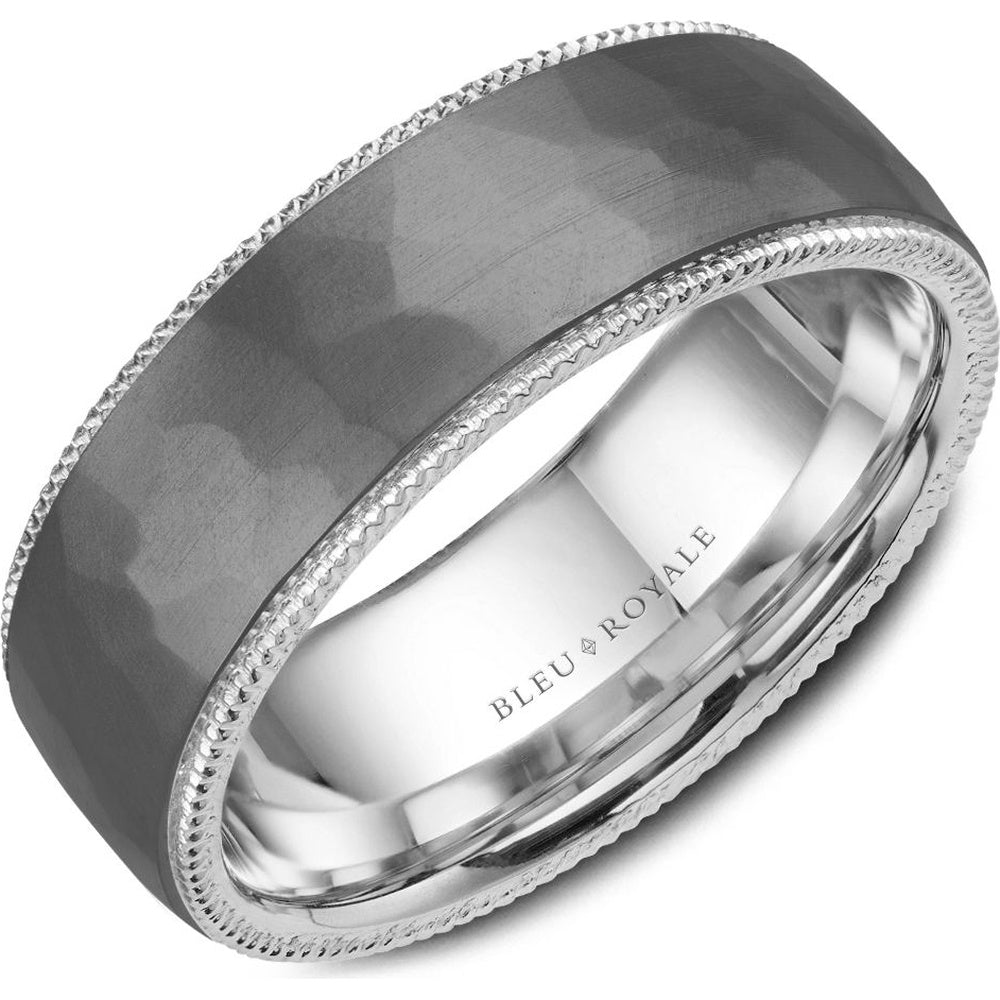 Bleu Royale Men's Wedding Band - 14K White Gold and Tantalum with Frosted Hammered Top, High Polish Edges, and Milgrain Detail - 7.5mm Width from the Tantalum & Precious Metal Collection