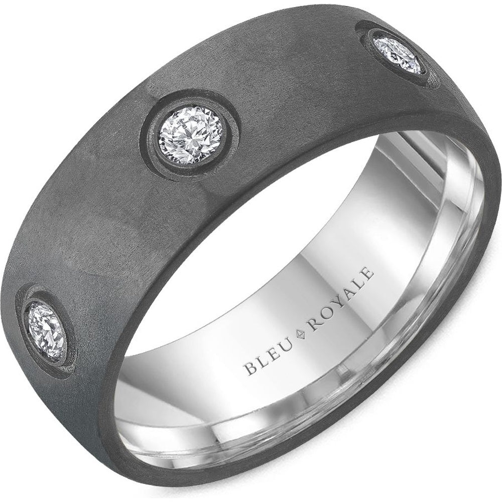 Bleu Royale Men's Wedding Band - 14K White Gold and Tantalum with Gypsy Set Round Diamonds and Hammered Finish- 0.6 Carat Total Diamond Weight - 8mm Width from the Tantalum & Precious Metal Collection
