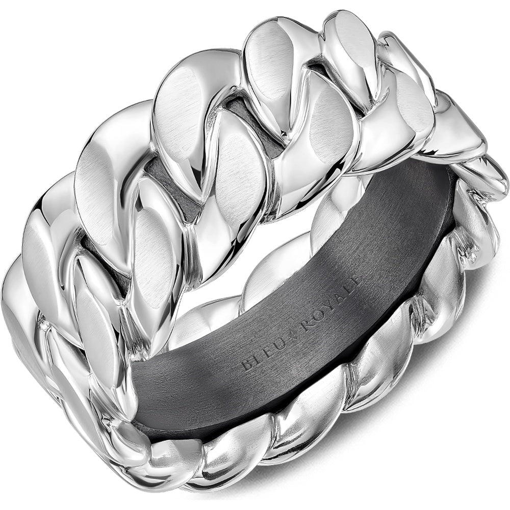 Bleu Royale Men's Wedding Band - 14K White Gold and Tantalum with High Polish Chain Link Motif and Sandpaper Finish - 10mm Width from the Geometric Collection