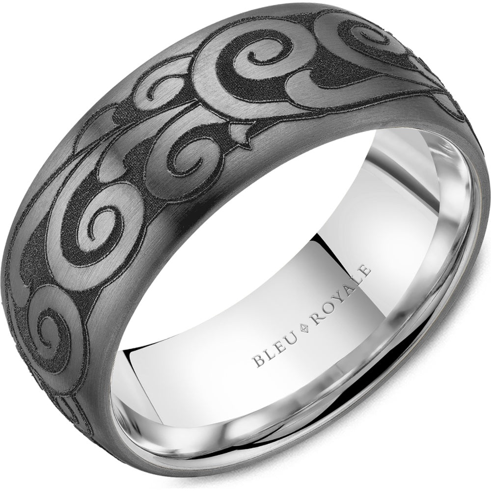 Bleu Royale Men's Wedding Band - 14K White Gold and Tantalum with Laser Engraved Scroll Pattern and Sandpaper Finish - 8.5mm Width from the Tantalum & Precious Metal Collection