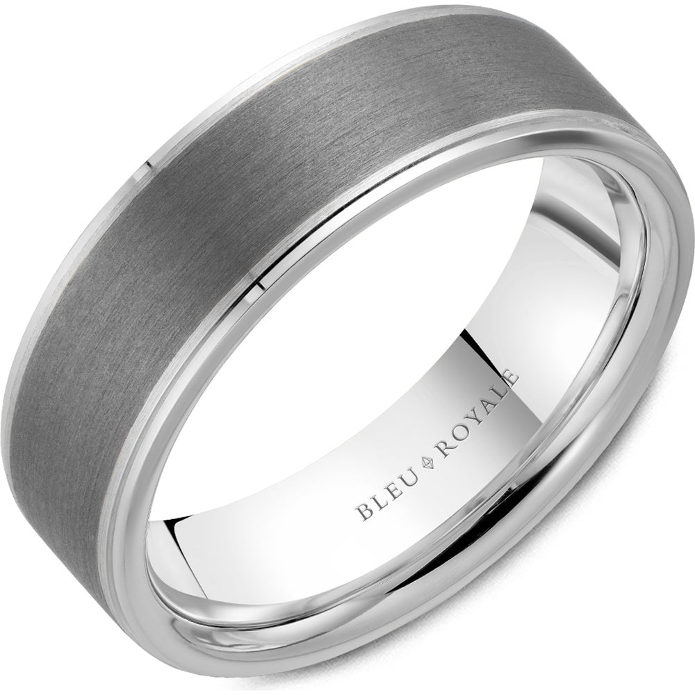 Bleu Royale Men's Wedding Band - 14K White Gold and Tantalum with Sandpaper Center and High Polish Edges - 7mm Width from the Tantalum & Precious Metal Collection