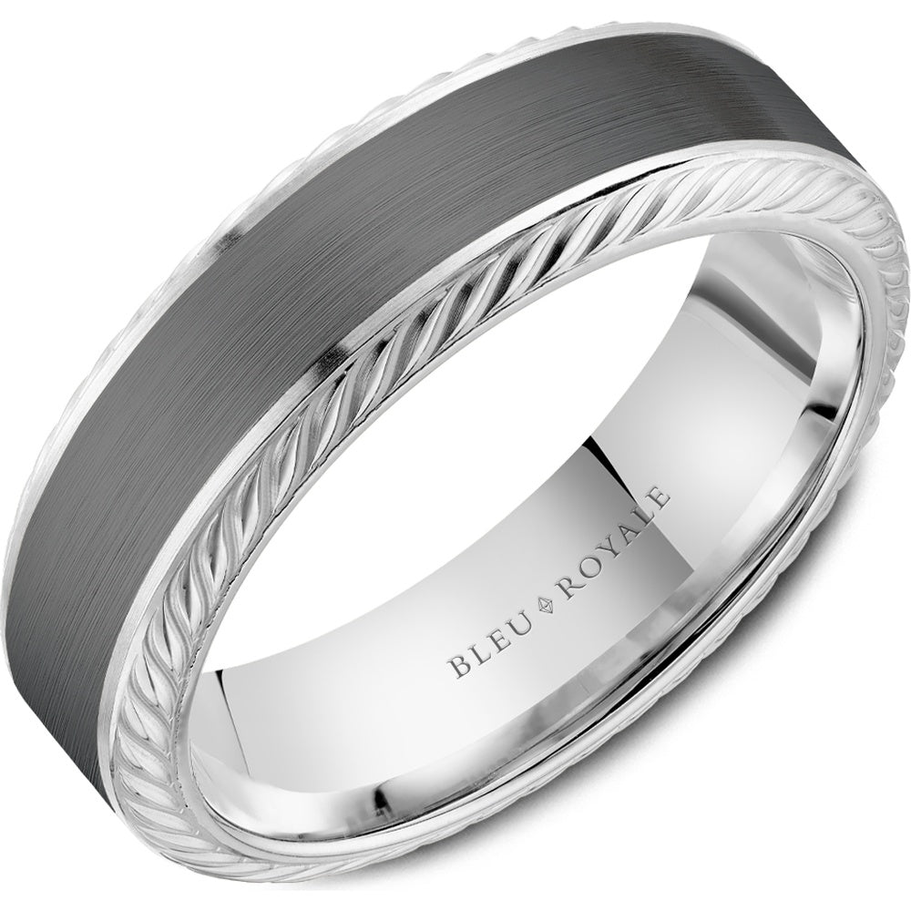 Bleu Royale Men's Wedding Band - 14K White Gold and Tantalum with Sandpaper Center and High Polish Rope Edges - 6.5mm Width from the Tantalum & Precious Metal Collection