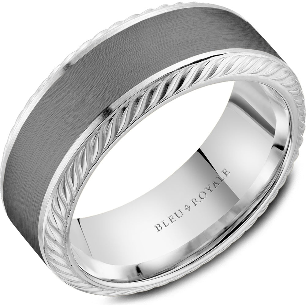Bleu Royale Men's Wedding Band - 14K White Gold and Tantalum with Sandpaper Center and High Polish Rope Edges - 8.5mm Width from the Tantalum & Precious Metal Collection