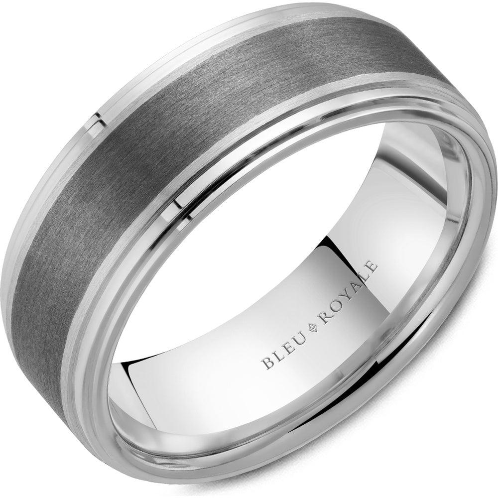 Bleu Royale Men's Wedding Band - 14K White Gold and Tantalum with Sandpaper Center and High Polish Sides - 8mm Width from the Tantalum & Precious Metal Collection