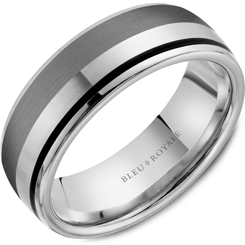 Bleu Royale Men's Wedding Band - 14K White Gold and Tantalum with Sandpaper Finish and Black Enamel - 7.5mm Width from the Tantalum & Precious Metal Collection