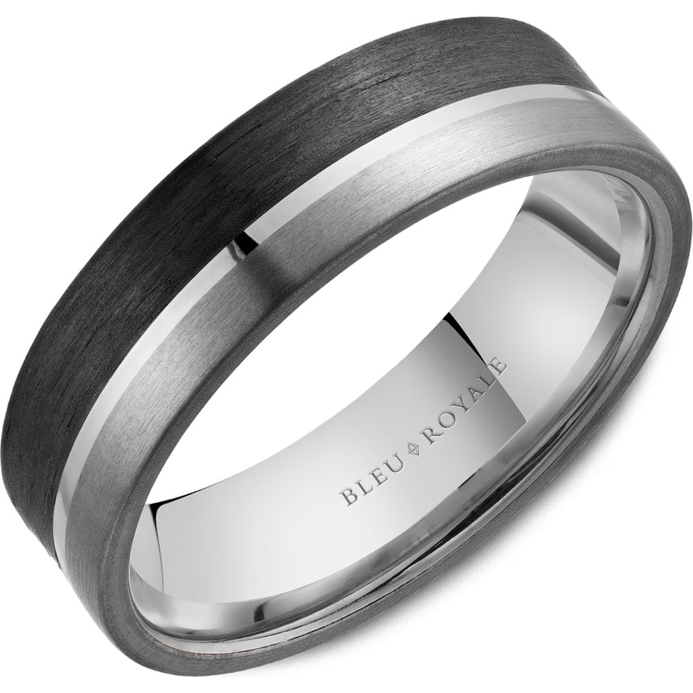 Bleu Royale Men's Wedding Band - 14K White Gold, Forged Carbon Fiber, and Tantalum with High Polish Center - 7.5mm Width from the Tantalum & Precious Metal Collection