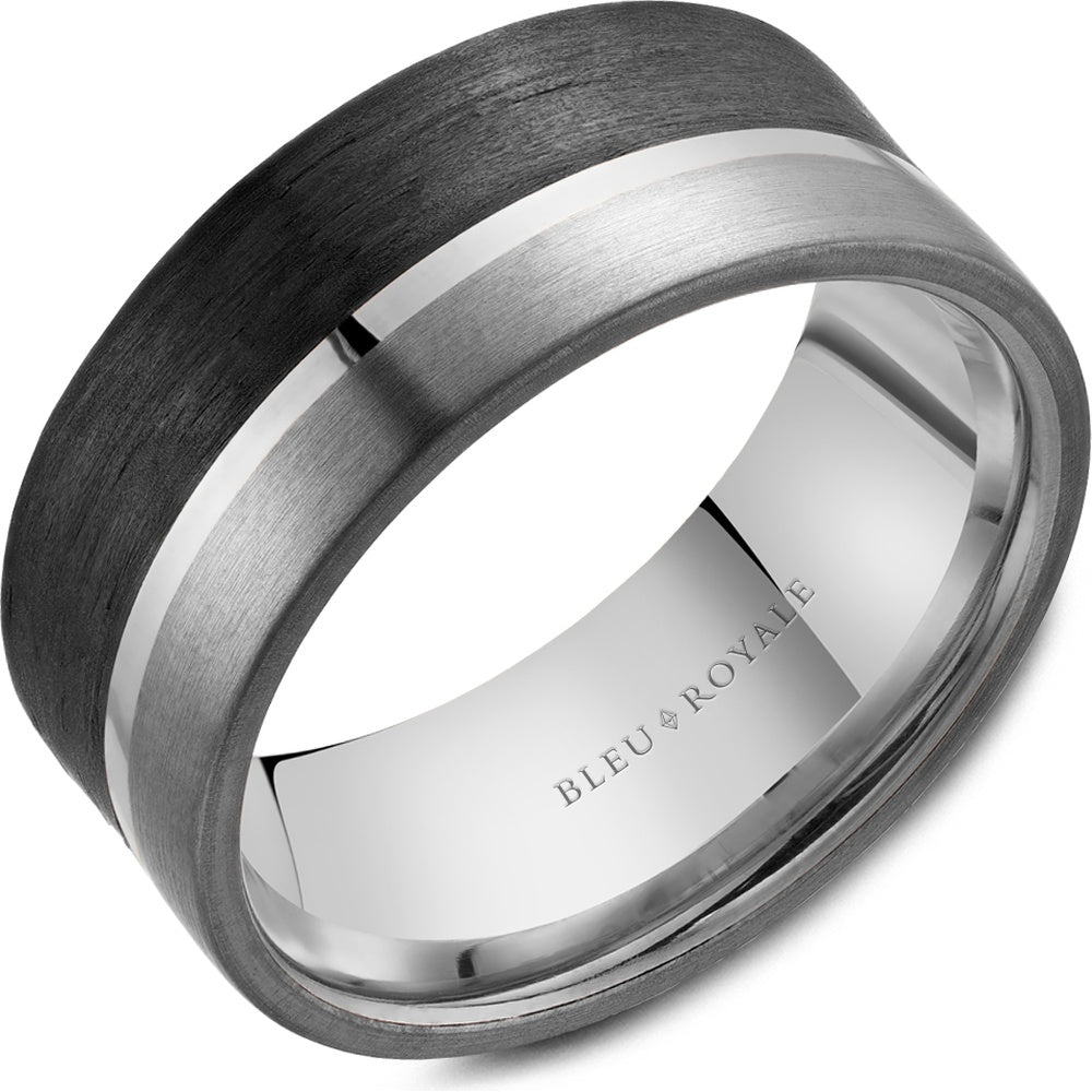 Bleu Royale Men's Wedding Band - 14K White Gold, Forged Carbon Fiber, and Tantalum with High Polish Center and Sandpaper Edges - 9mm Width from the Tantalum & Precious Metal Collection