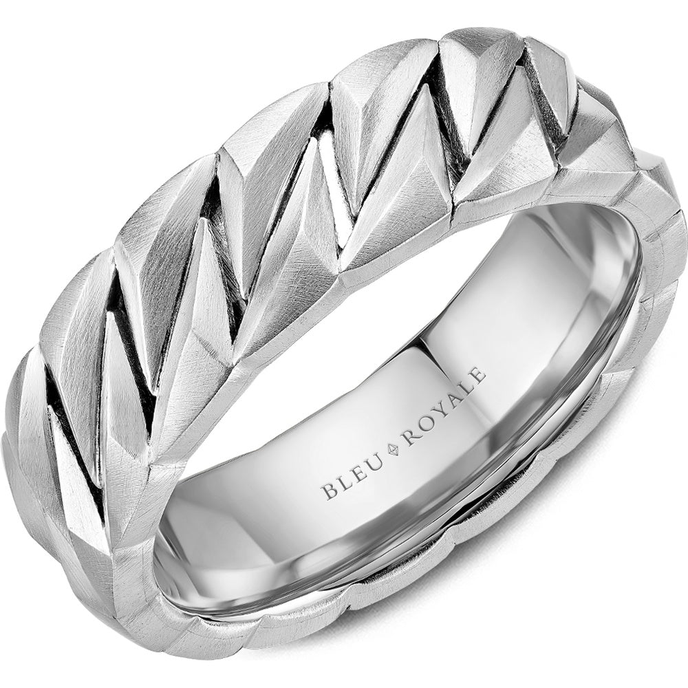 Bleu Royale Men's Wedding Band - 14K White Gold Geometric with Sandpaper Finish and High-Polish Interior - 7mm Width from the Geometric Collection