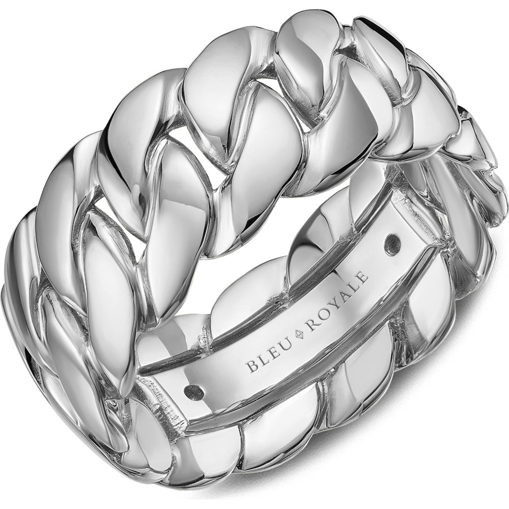 Bleu Royale Men's Wedding Band - 14K White Gold Geometric Woven Link with High Polish Finish - 10mm Width from the Geometric Collection