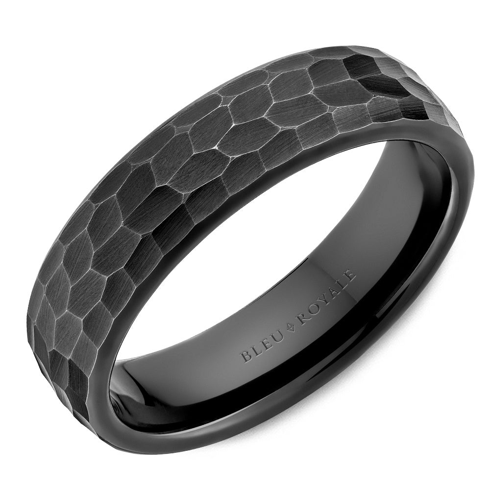Bleu Royale Men's Wedding Band - 14K White Gold Hammered Domed with Frosted Finish - 6mm Width from the Distinct Collection