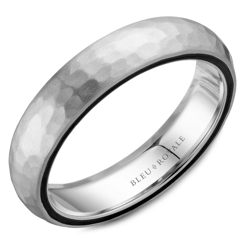 Bleu Royale Men's Wedding Band - 14K White Gold Hammered with Black Enamel Inlay - 5mm Width from the Distinct Collection