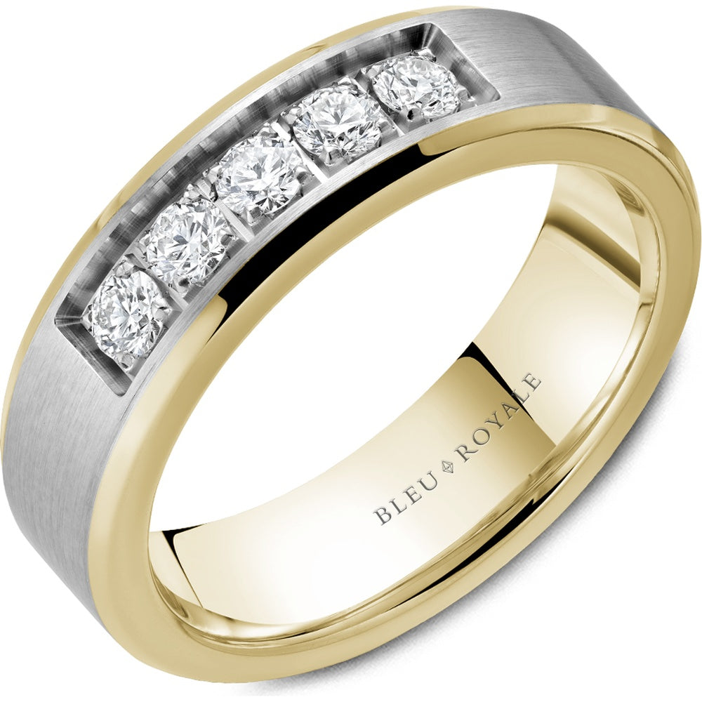 Bleu Royale Men's Wedding Band - 14K White Gold and Yellow Gold with Channel-Set Round Diamonds and Sandpaper Finish- 0.5 Carat Total Diamond Weight - 6.5mm Width from the Diamond Collection