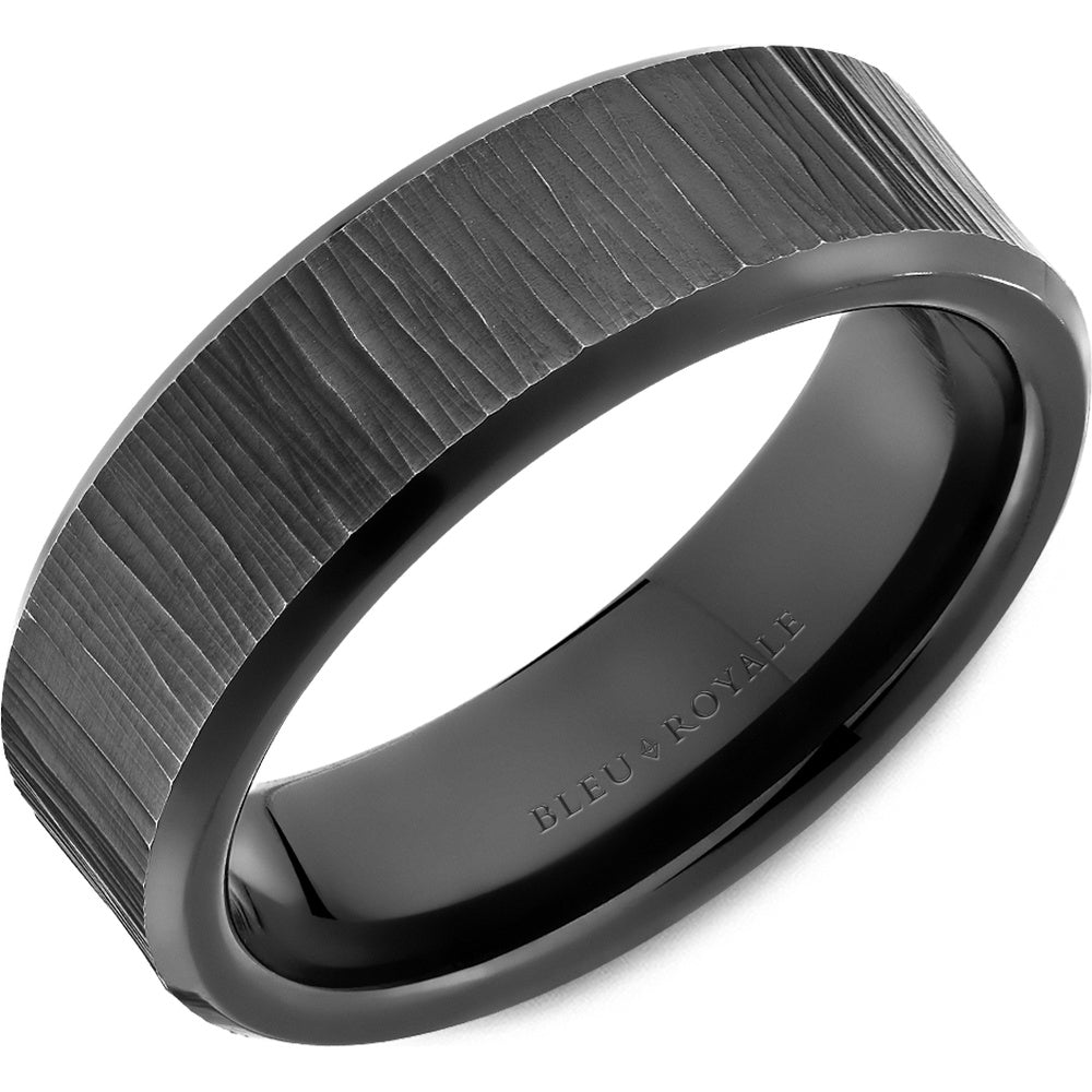 Bleu Royale Men's Wedding Band - 14K White Gold with Bark Texture, Frosted Finish, and High Polish Edges- Black Rhodium - 7mm Width from the Distinct Collection