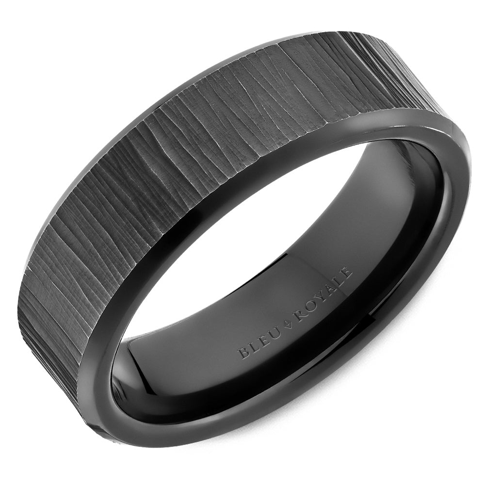 Bleu Royale Men's Wedding Band - 14K White Gold with Bark Textured Top and High Polish Edges - 7mm Width from the Distinct Collection