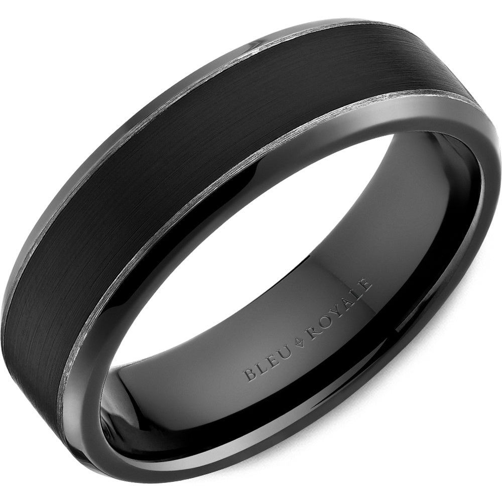 Bleu Royale Men's Wedding Band - 14K White Gold with Black Ceramic Inlay and Black Rhodium Finish - 6.5mm Width from the Distinct Collection