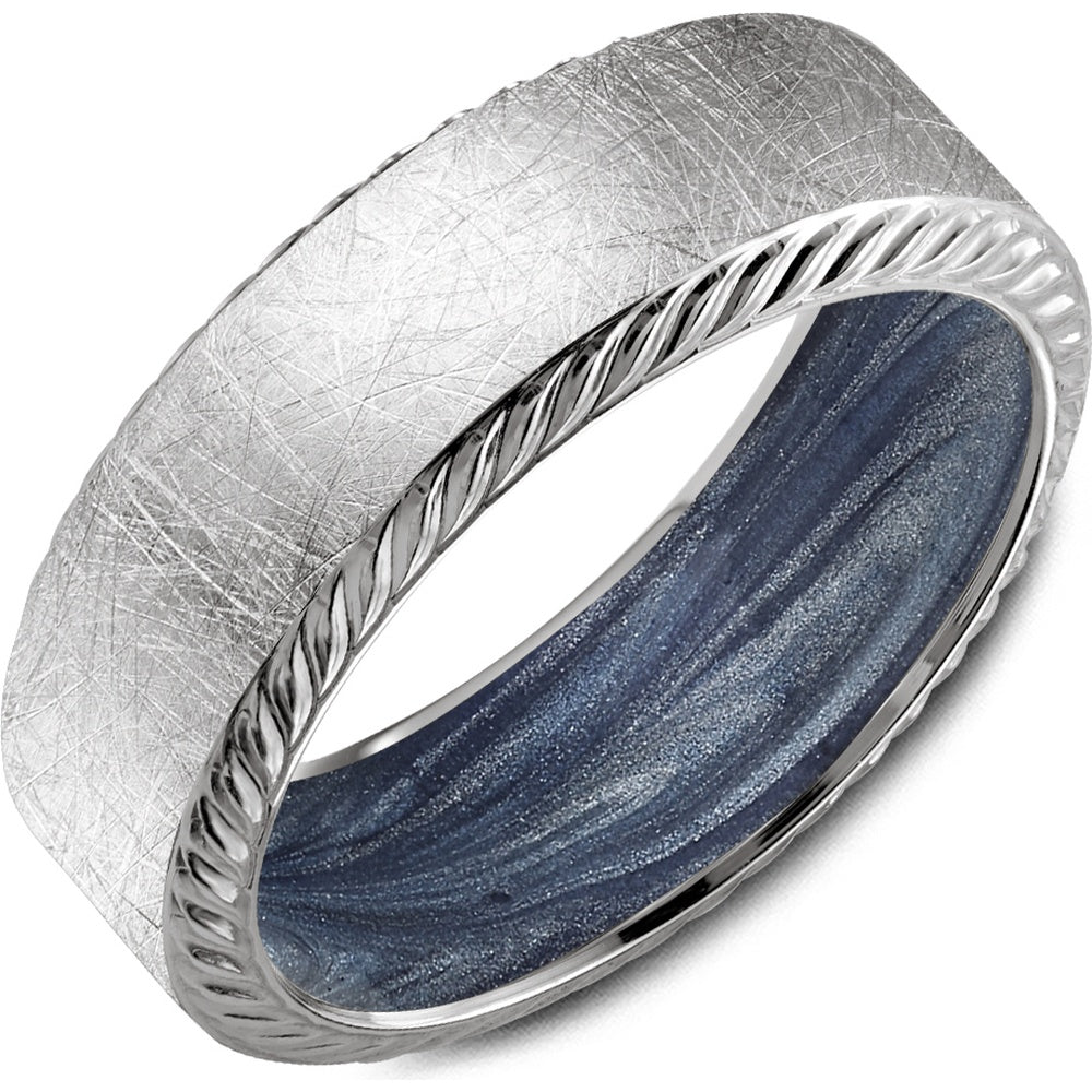 Bleu Royale Men's Wedding Band - 14K White Gold with Diamond Brushed Finish, High Polish Ropes, and H and Painted Midnight Blue Enamel Interior - 7.5mm Width from the Distinct Collection