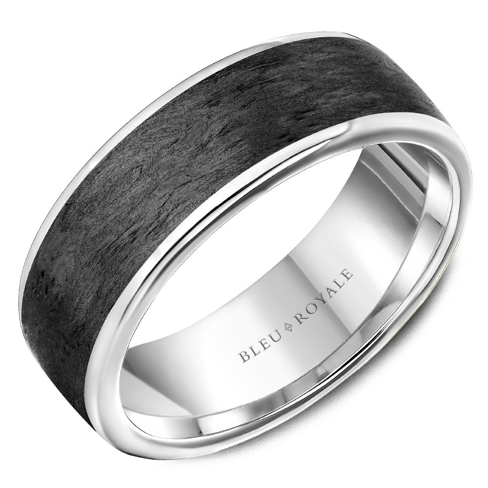 Bleu Royale Men's Wedding Band - 14K White Gold with Forged Carbon Fiber Center and High Polish Edges - 7.5mm Width from the Distinct Collection