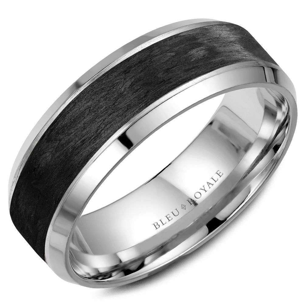 Bleu Royale Men's Wedding Band - 14K White Gold with Forged Carbon Fiber Inlay and Polished Beveled Edges - 7.5mm Width from the Distinct Collection