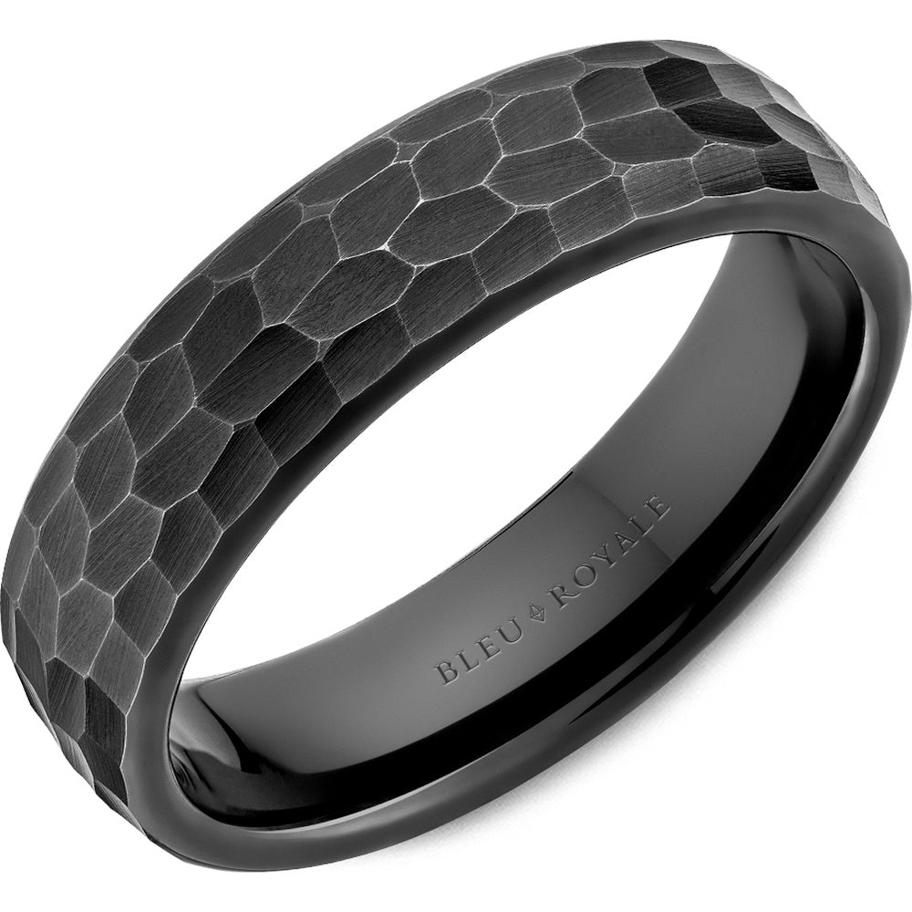 Bleu Royale Men's Wedding Band - 14K White Gold with Frosted Hammered Top and Black Rhodium Finish - 6mm Width from the Distinct Collection