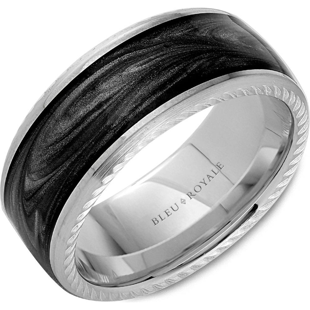 Bleu Royale Men's Wedding Band - 14K White Gold with H and-Painted Charcoal Grey Enamel Inlay and Frosted Rope Side Detail - 9.5mm Width from the Distinct Collection