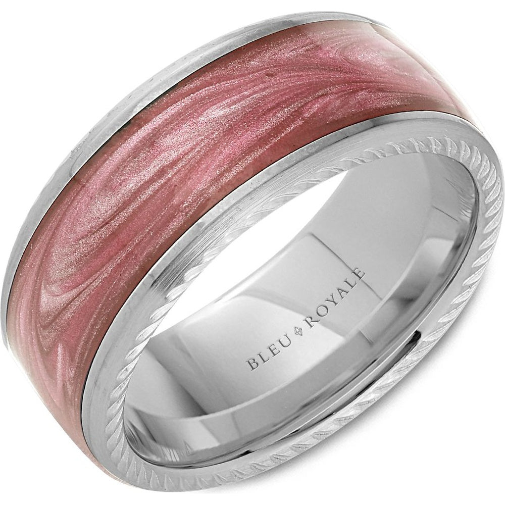 Bleu Royale Men's Wedding Band - 14K White Gold with H and-Painted Pink Rose Enamel Inlay and Frosted Rope Sides - 9.5mm Width from the Distinct Collection