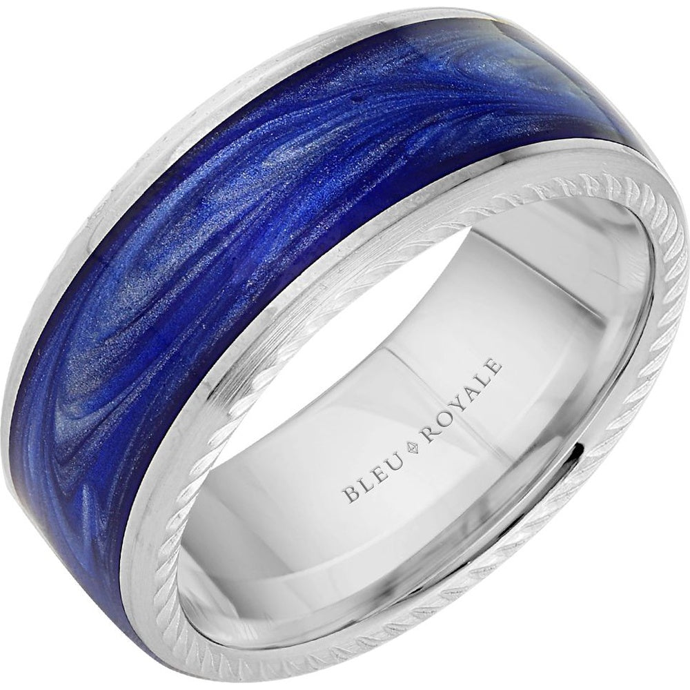 Bleu Royale Men's Wedding Band - 14K White Gold with H and-Painted Ultramarine Blue Enamel Inlay and Rope Edge Detail - 9.5mm Width from the Distinct Collection
