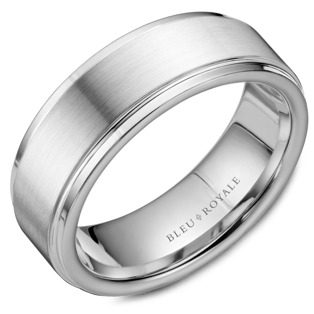 Bleu Royale Men's Wedding Band - 14K White Gold with Sandpaper Center and High Polish Sides - 7.5mm Width from the Legacy Collection