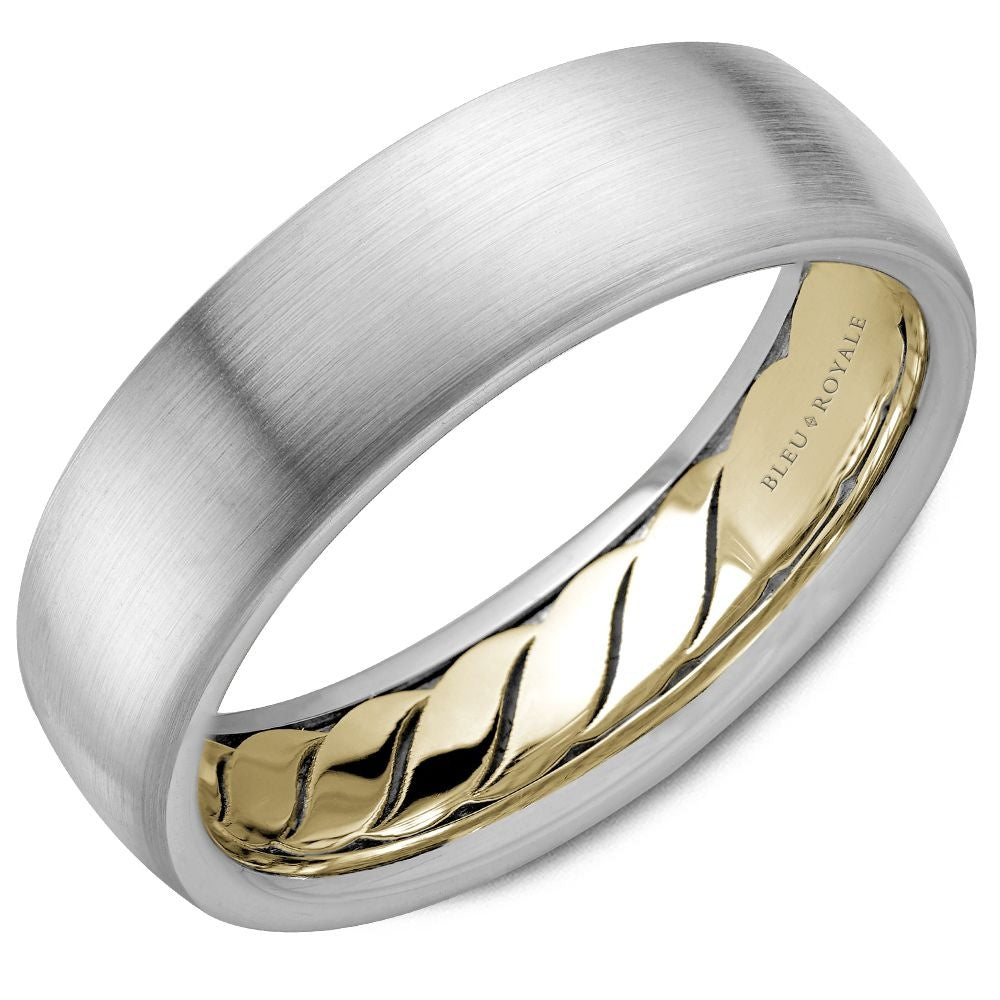 Bleu Royale Men's Wedding Band - 14K White Gold and Yellow Gold with Sandpaper Finish and High Polish Interior - 6.5mm Width from the Legacy Collection