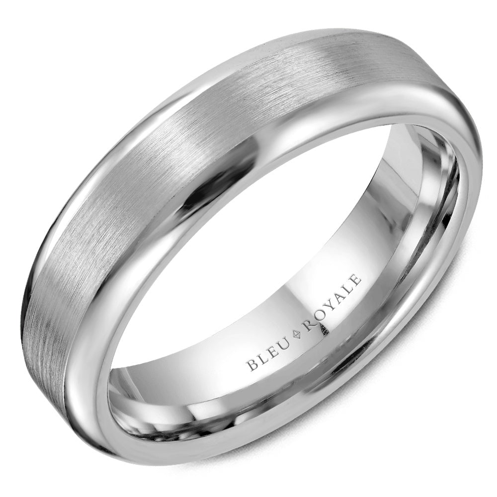 Bleu Royale Men's Wedding Band - 14K White Gold with Sandpaper Top and High Polish Edges - 6mm Width from the Legacy Collection
