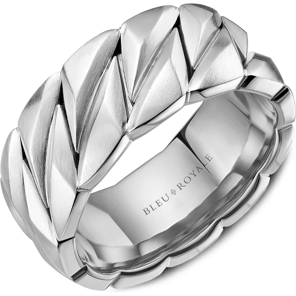 Bleu Royale Men's Wedding Band - 14K White Gold with Sandpaper Top and High Polish Interior - 10mm Width from the Geometric Collection