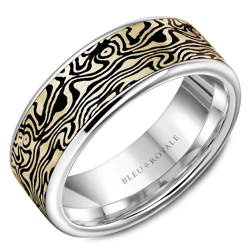 Bleu Royale Men's Wedding Band - 14K Yellow Gold and White Gold with Snake Pattern Center and High Polish Edges - 8mm Width from the Distinct Collection