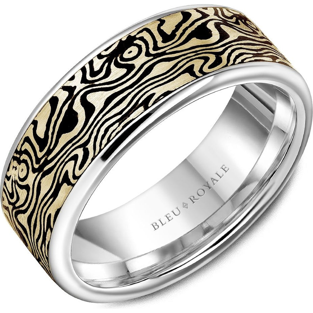 Bleu Royale Men's Wedding Band - 14K Gold with Snake Pattern Center and High Polish Finish- Available in White, Yellow, or Rose Gold - 8mm Width from the Distinct Collection