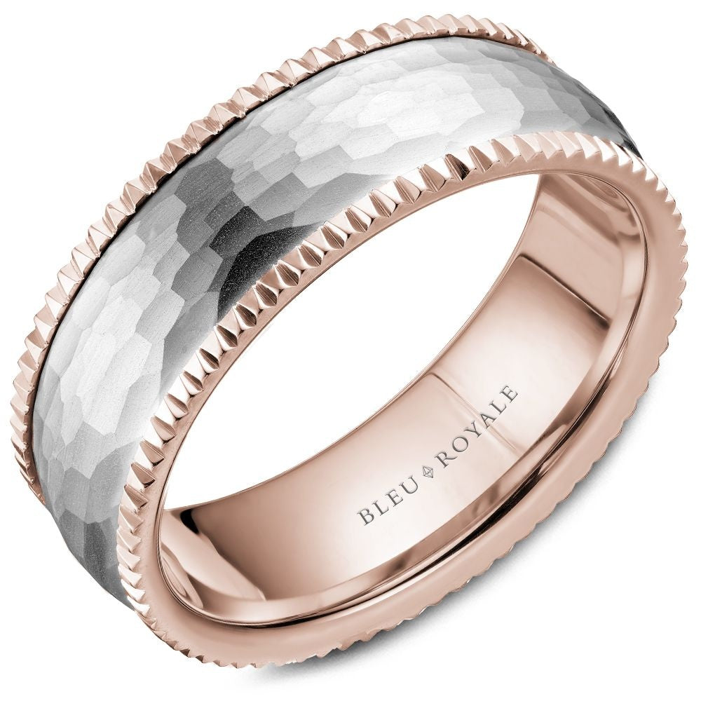 Bleu Royale Men's Wedding Band - 14K Rose and White Gold Hammered with Milgrain Edges - 7.5mm Width from the Legacy Collection
