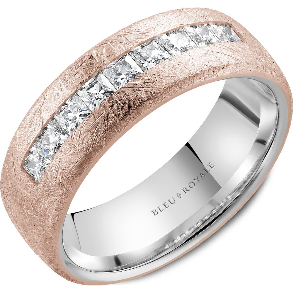 Bleu Royale Men's Wedding Band - 14K Rose and White Gold with 9 Princess Cut Diamonds and Brushed Top- 0.91 Carat Total Diamond Weight - 7.5mm Width from the Diamond Collection