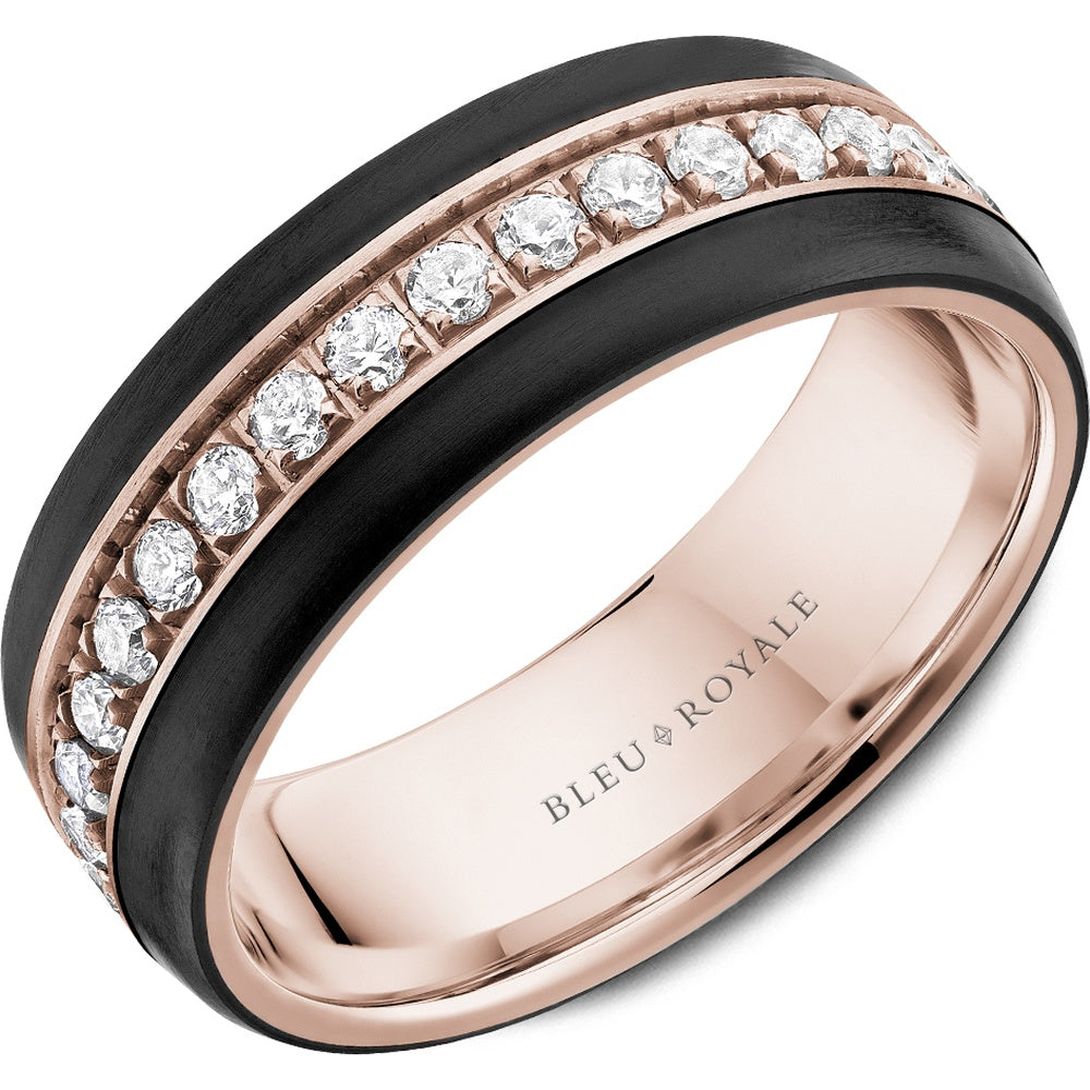 Bleu Royale Men's Wedding Band - 14K Rose Gold and Black Ceramic Full Eternity with Round Diamonds - 0.98 Carat Total Diamond Weight - 7.5mm Width from the Diamond Collection