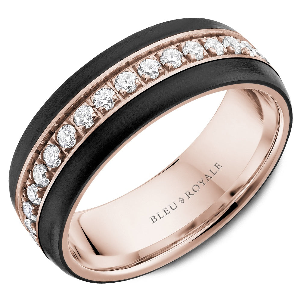 Bleu Royale Men's Wedding Band - 14K Rose Gold and Black Ceramic with Channel-Set Round Diamonds - 0.98 Carat Total Diamond Weight - 7.5mm Width from the Diamond Collection
