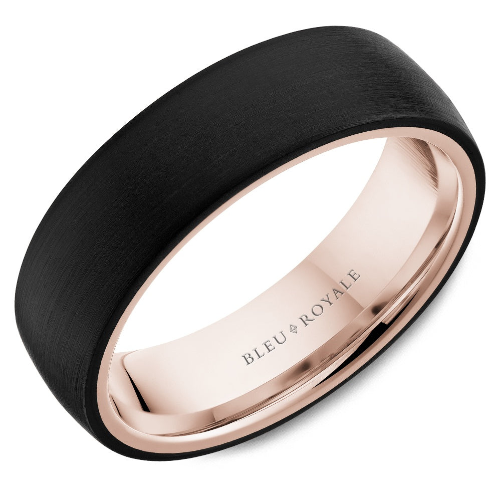 Bleu Royale Men's Wedding Band - 14K Rose Gold and Black Ceramic with Sandpaper Finish - 6.5mm Width from the Distinct Collection