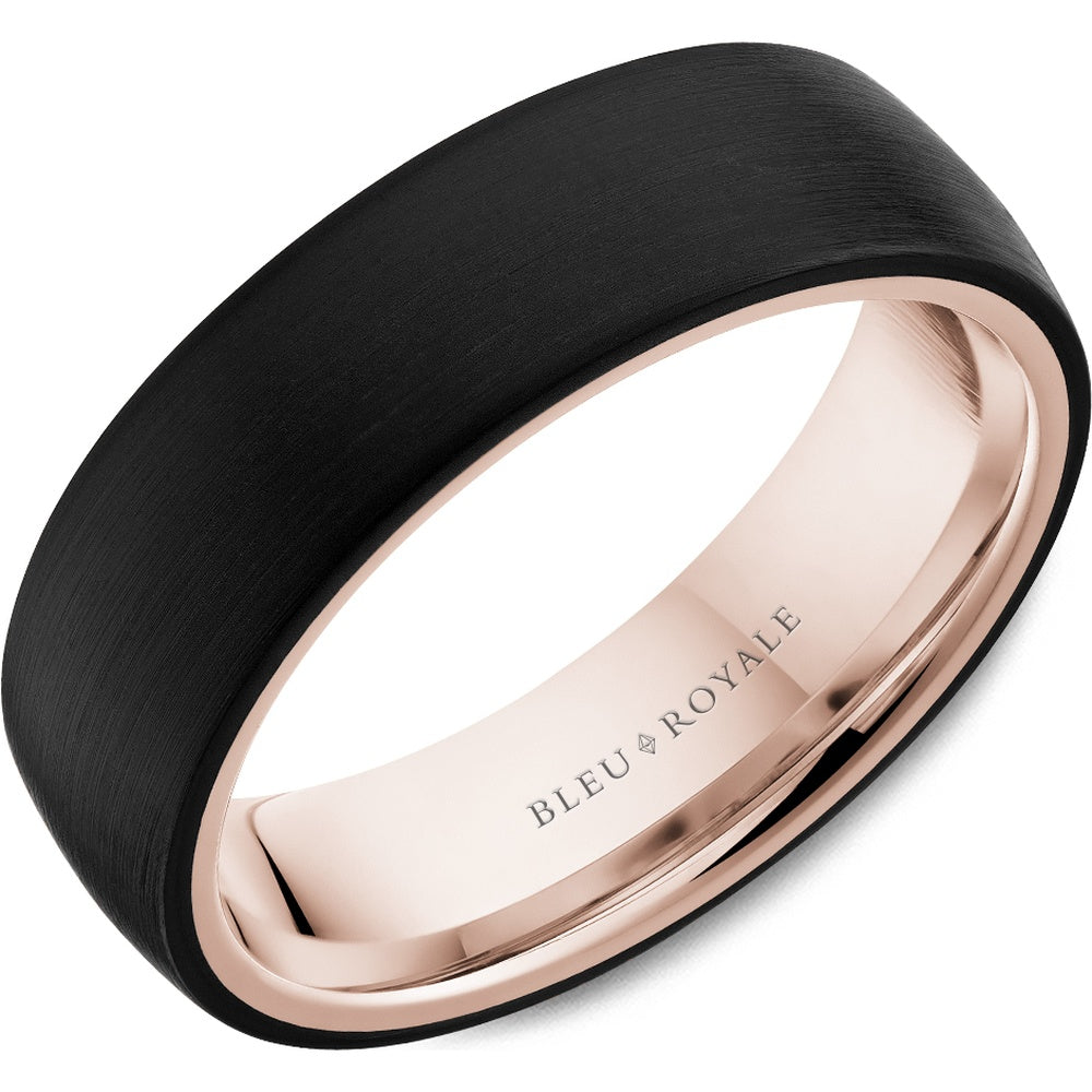 Bleu Royale Men's Wedding Band - 14K Rose Gold and Black Ceramic with Sandpaper Finish and High Polish Edges - 6.5mm Width from the Distinct Collection