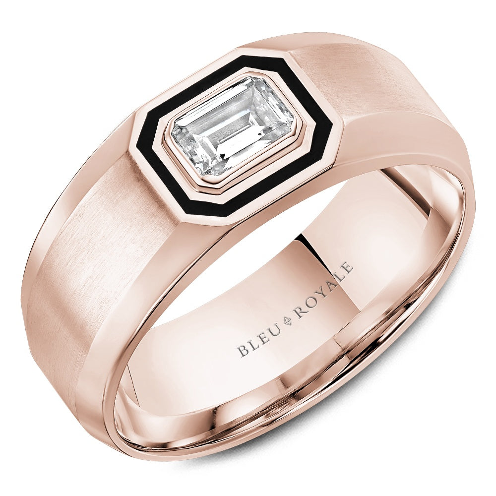 Bleu Royale Men's Wedding Band - 14K Rose Gold & Black Enamel with 0.5 Carat Emerald Cut Diamond Bezel Set Center - 8mm Width from the Diamond Collection