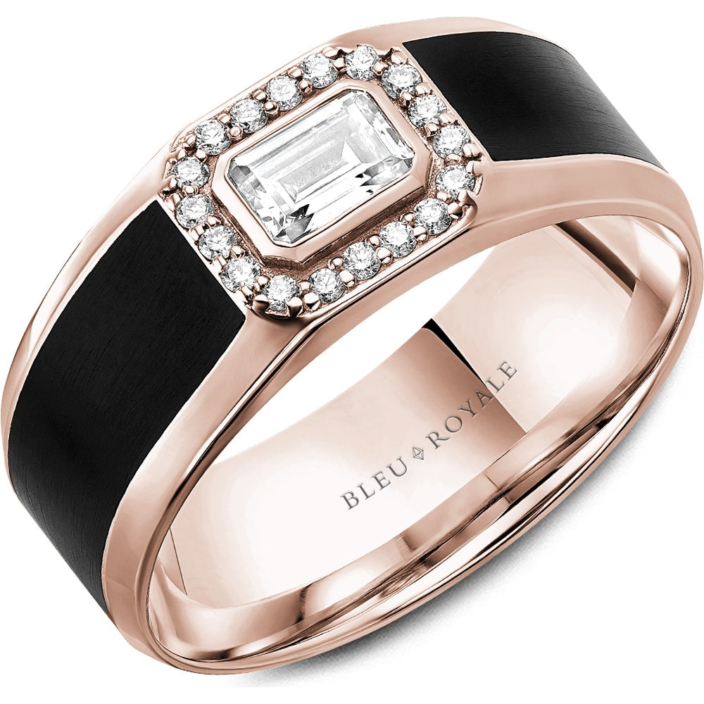 Bleu Royale Men's Wedding Band - 14K Rose Gold & Black Enamel with Emerald Cut Diamond and Round Diamond Halo- 0.63 Carat Total Diamond Weight - 8mm Width from the Diamond Collection