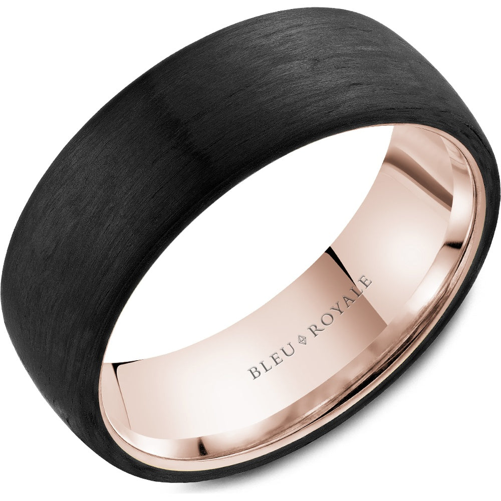 Bleu Royale Men's Wedding Band - 14K Rose Gold & Black Forged Carbon Fiber Domed- Size 10 - 7.5mm Width from the Distinct Collection