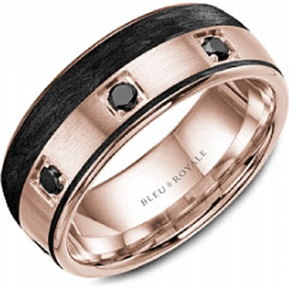Bleu Royale Men's Wedding Band - 14K Rose Gold & Forged Carbon Fiber with Black Round Diamonds - 0.42 Carat Total Diamond Weight - 8.5mm Width from the Diamond Collection