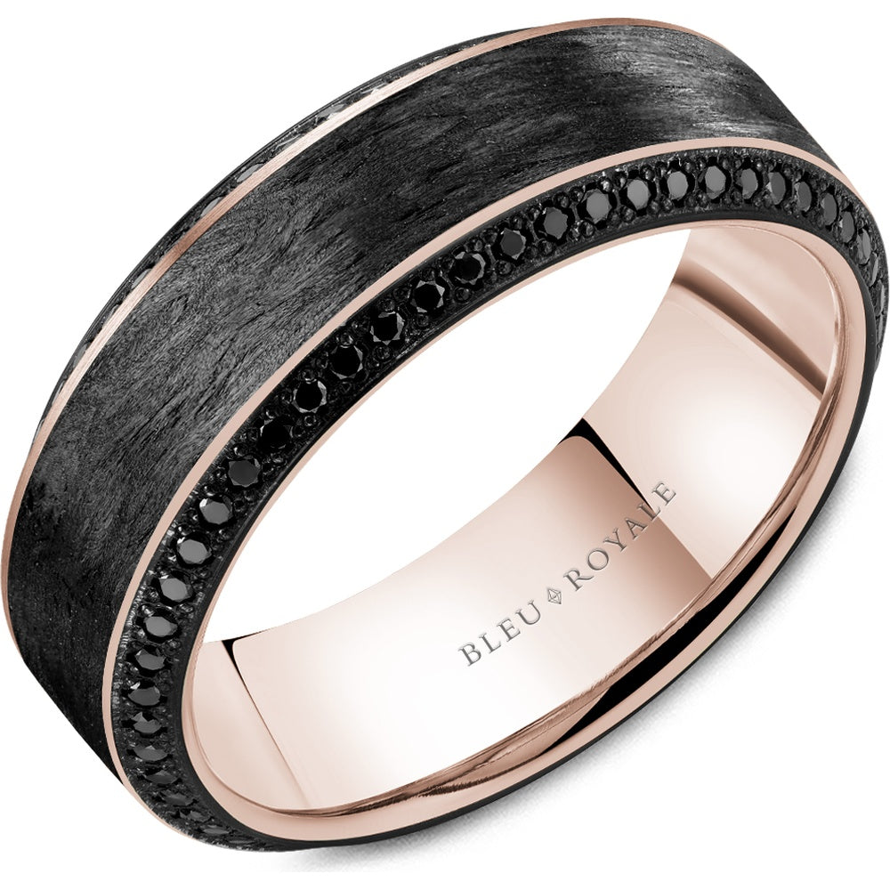 Bleu Royale Men's Wedding Band - 14K Rose Gold & Forged Carbon Fiber with Black Round Diamonds and Black Rhodium Accents- 0.71 Carat Total Diamond Weight - 7.5mm Width from the Diamond Collection
