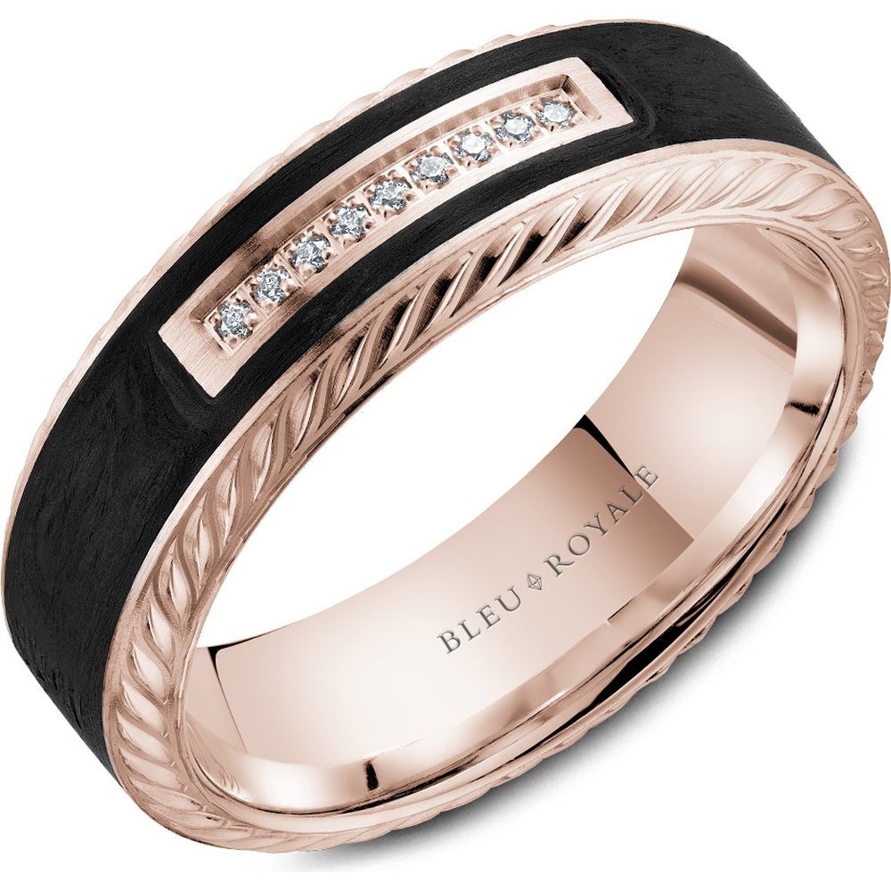 Bleu Royale Men's Wedding Band - 14K Rose Gold & Forged Carbon Fiber with Channel Set Round Diamonds - 0.05 Carat Total Diamond Weight - 7mm Width from the Diamond Collection