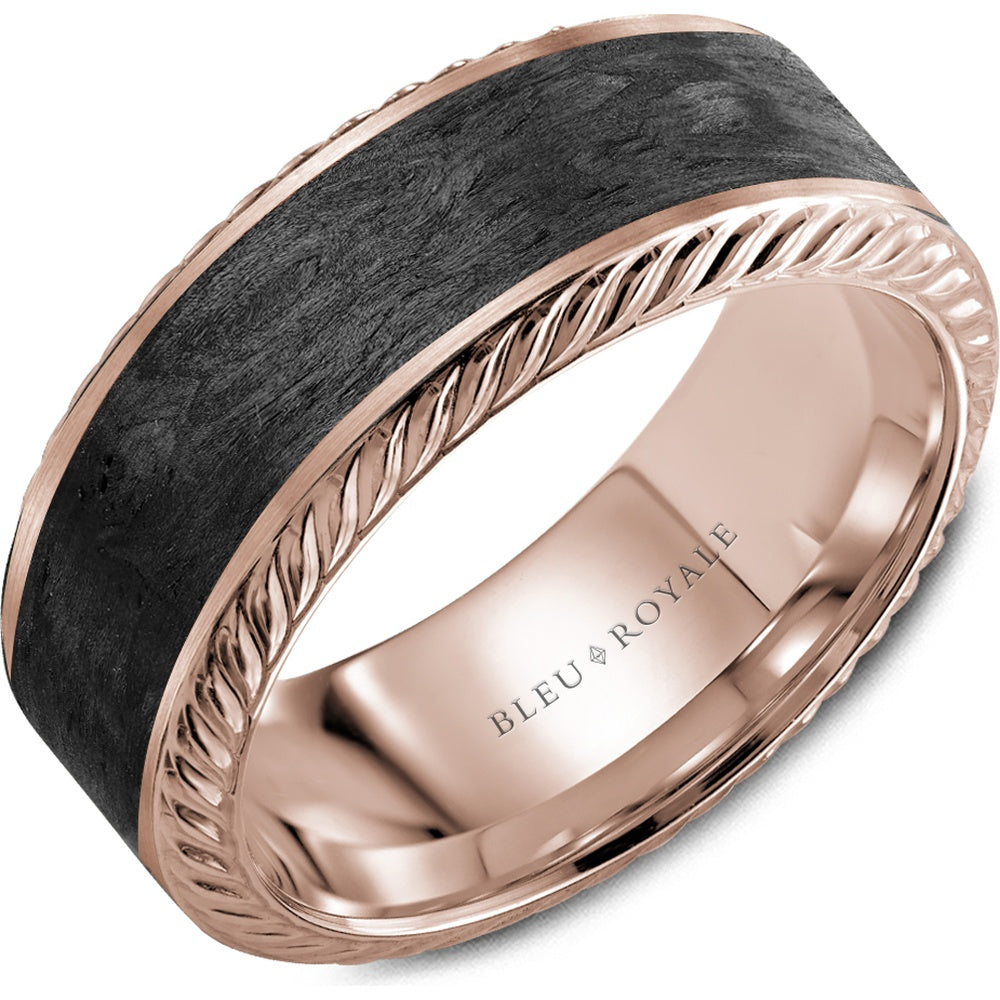 Bleu Royale Men's Wedding Band - 14K Rose Gold & Forged Carbon Fiber with High Polish Rope Edge - 7.5mm Width from the Distinct Collection